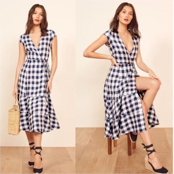 Reformation Calista Gingham Linen Midi Tiered Wrap Dress Seine Blue Size Large - Picture 1 of 12